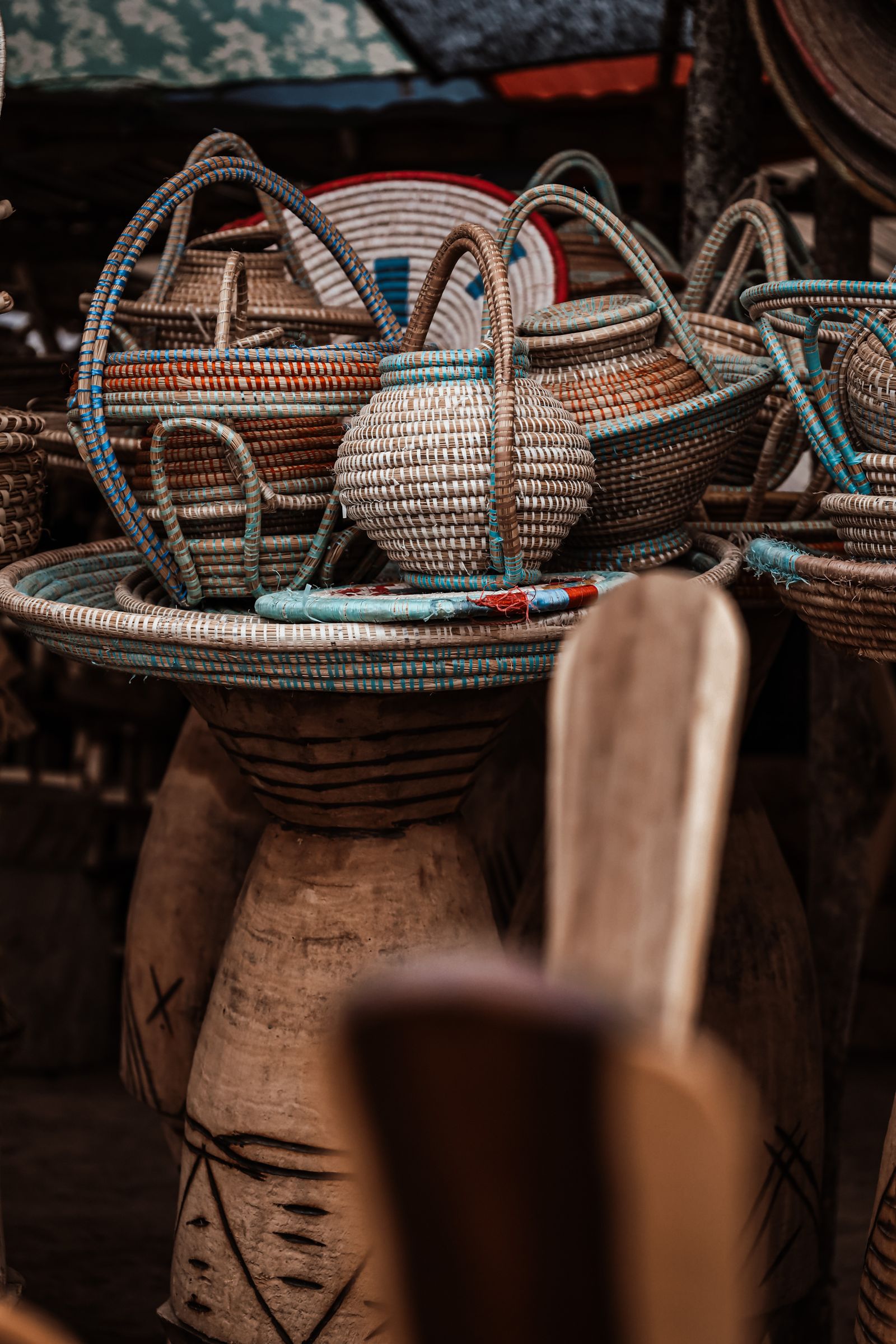 Coloured Grass Baskets, Trio